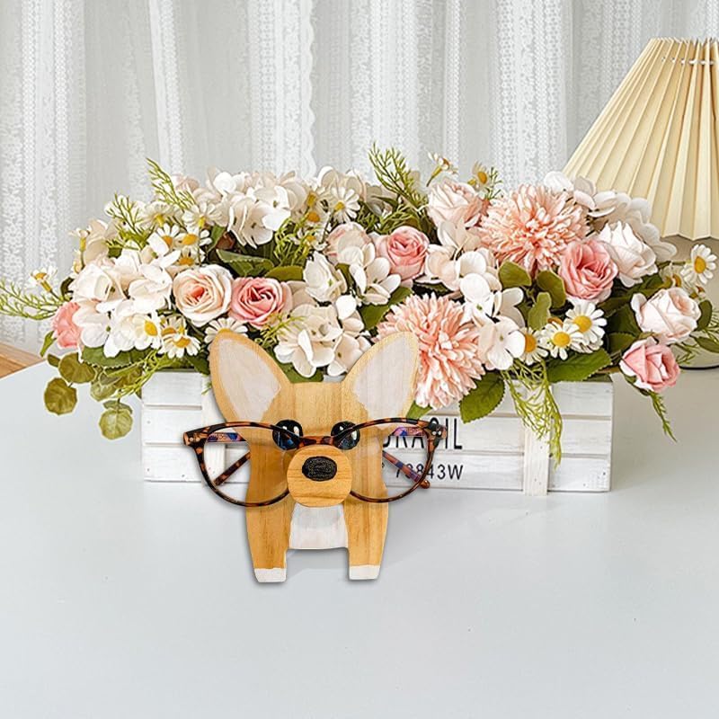 HyeeArt Wooden Animal Glasses Holder , Newsukie - Cute Solid Pine Wood Eyeglasses Stand,Carving Sunglasses Eyeglass Display Stand,Newsukie Creative Gift Glasses Holder for Desk (Flowers Highland Cow) (Dog-1) - Image 5
